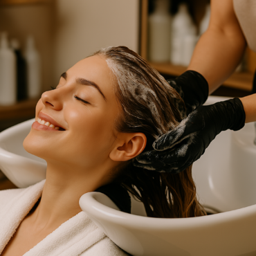 Mujer aplicando champú en su mano antes de lavar su cabello largo en peluquería Isabel Teófilo en Málaga.