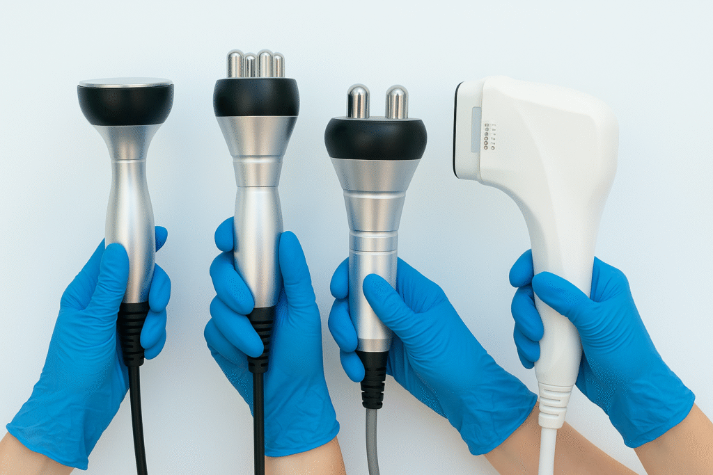 Aparatos estéticos de radiofrecuencia y cavitación sostenidos por manos con guantes azules