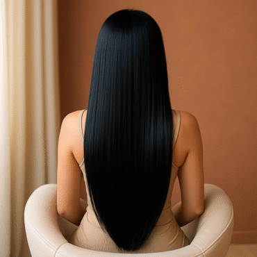 Mujer con extensiones de cabello negro liso sentada de espaldas en una silla de spa