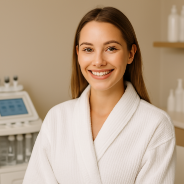 Modelo sonriendo con bata blanca en un centro de estética profesional, junto a equipo de tratamiento facial en Isabel Teófilo Málaga.