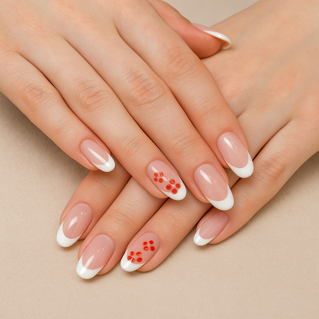 Uñas nuevas en gel con diseño francés y flores rojas, manicura profesional en Isabel Teófilo Málaga