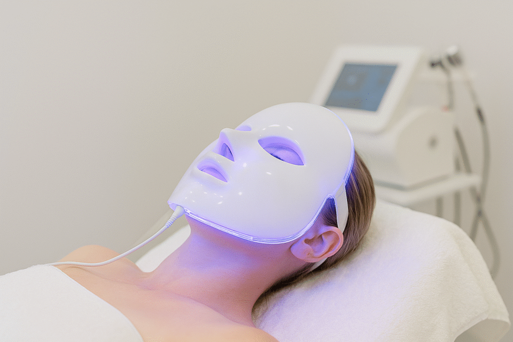 Mujer recibiendo radiofrecuencia facial con máscara LED de luz violeta en camilla de estética