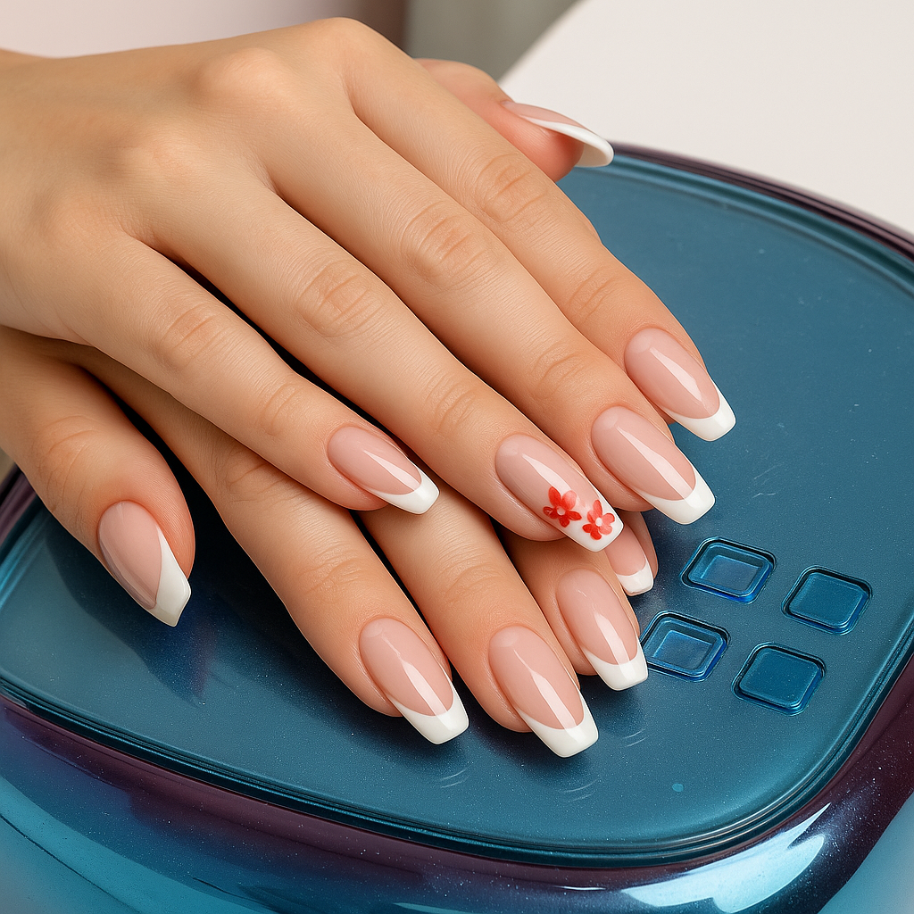 Manos con uñas nuevas en gel estilo francesa con detalles florales, realizadas en Isabel Teófilo Málaga