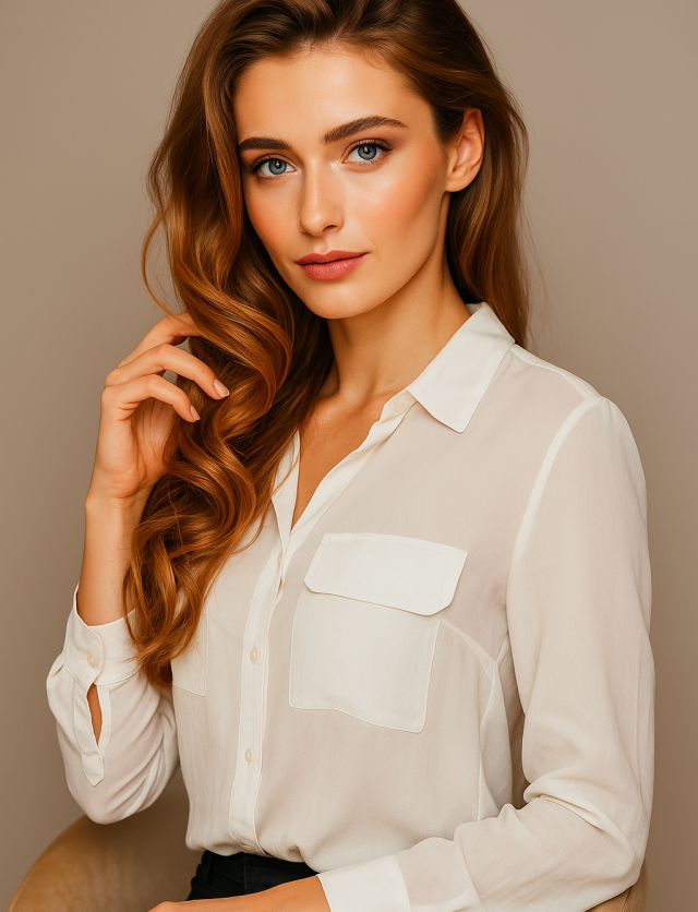 Belleza natural y cuidado estético – Imagen representativa de Isabel Teófilo en Málaga Mujer joven con piel radiante y cabello ondulado castaño posando con elegancia en fondo neutro