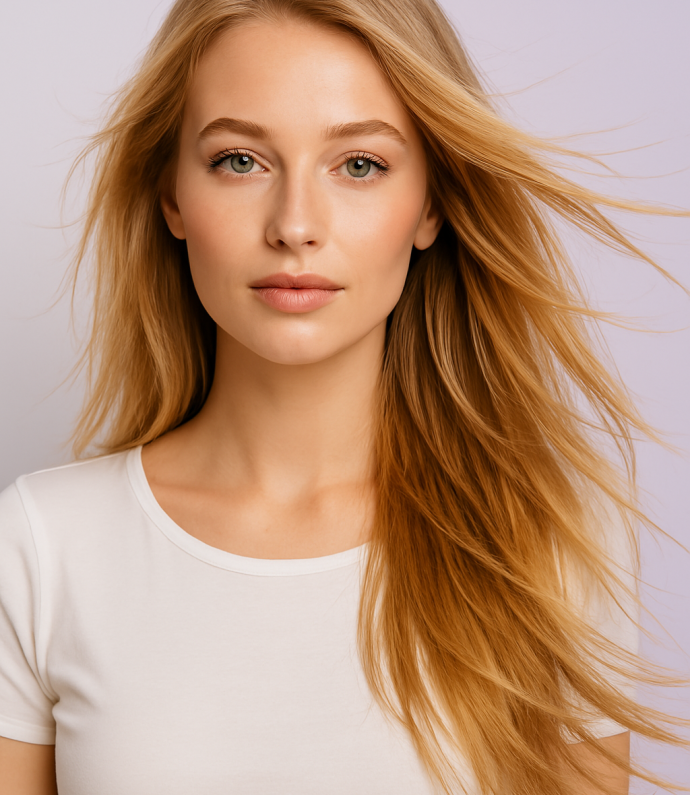 Modelo rubia con cabello al viento en ambiente estético Modelo rubia con el cabello largo al viento, en fondo blanco con tono pastel morado, imagen profesional para estética en Isabel Teófilo Málaga.