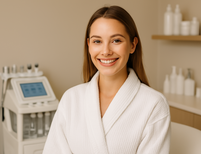 Modelo feliz en entorno estético con bata blanca Modelo sonriendo con bata blanca en un centro de estética profesional, junto a equipo de tratamiento facial en Isabel Teófilo Málaga.